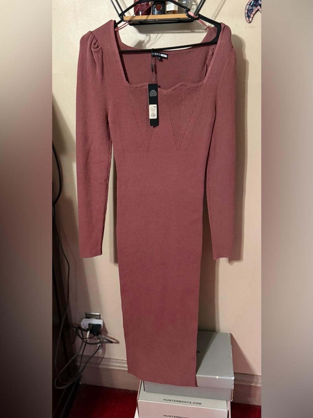 Fashion Nova Mauve Ribbed Long Sleeve Midi Dress